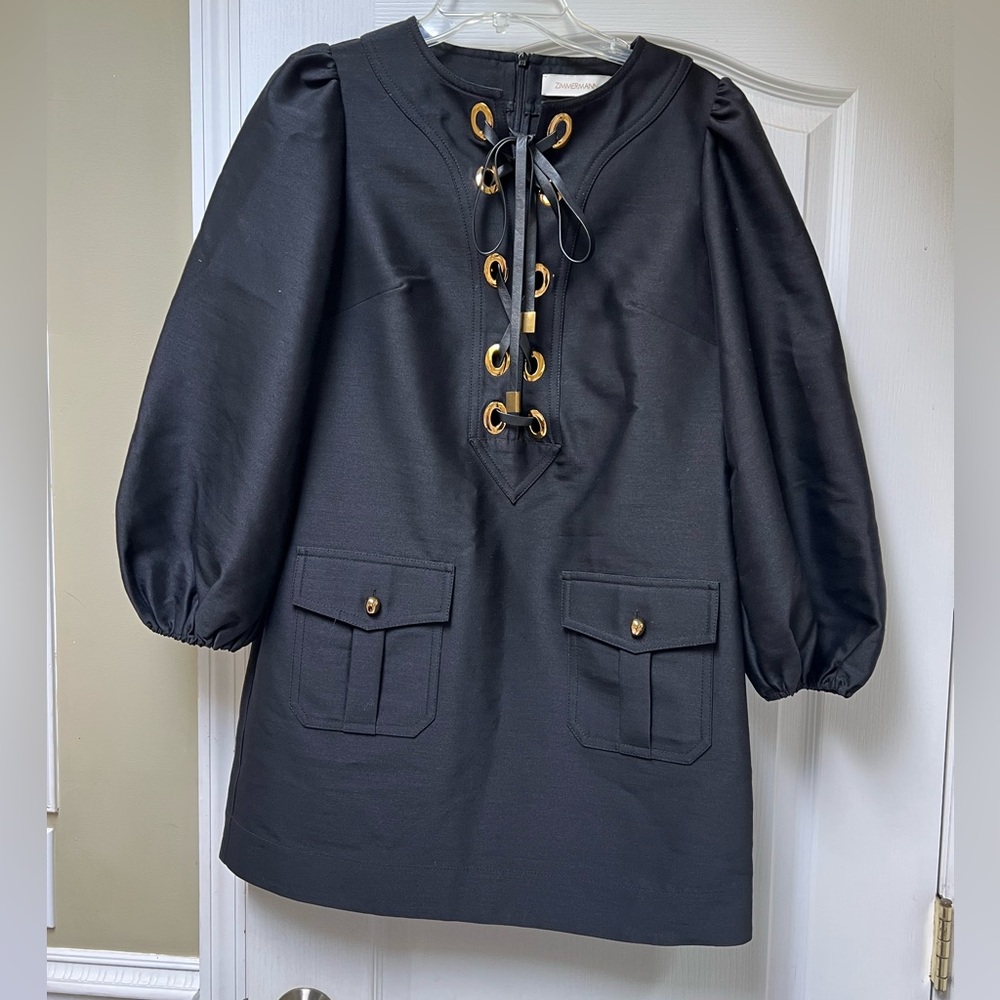 NWOT. Zimmermann Black Mini Dress with Gold Accents